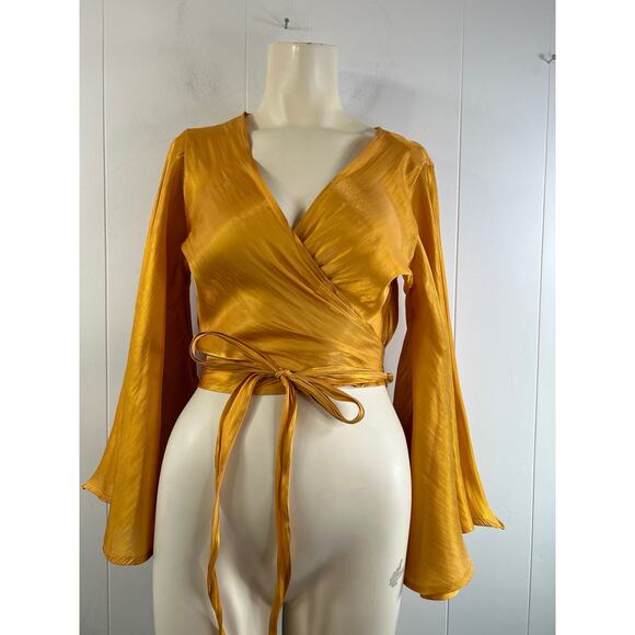 Akira Chicago Wrap Blouse in Marigold. Size Large. - Picture 1 of 5